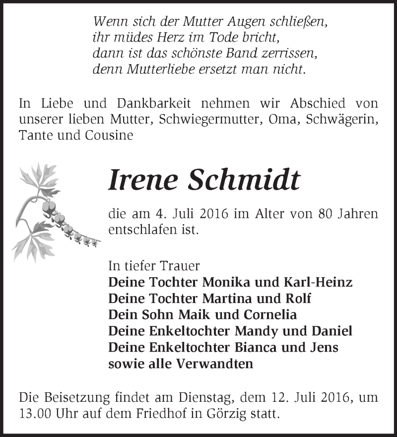  Traueranzeige für Irene Schmidt vom 09.07.2016 aus Märkische Oderzeitung