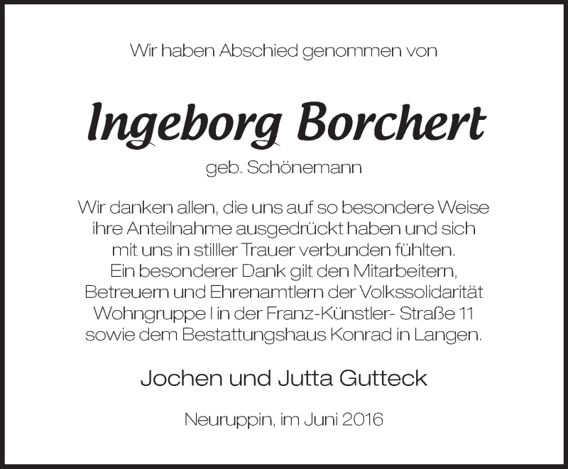 Traueranzeigen Von Ingeborg Borchert M Rkische Onlinezeitung Trauerportal