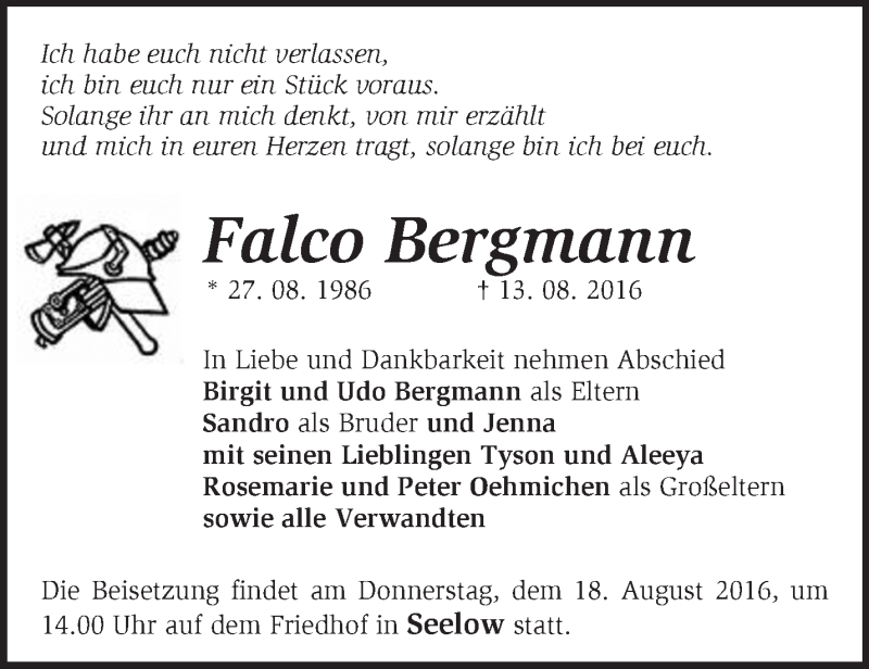  Traueranzeige für Falco Bergmann vom 17.08.2016 aus Märkische Oderzeitung
