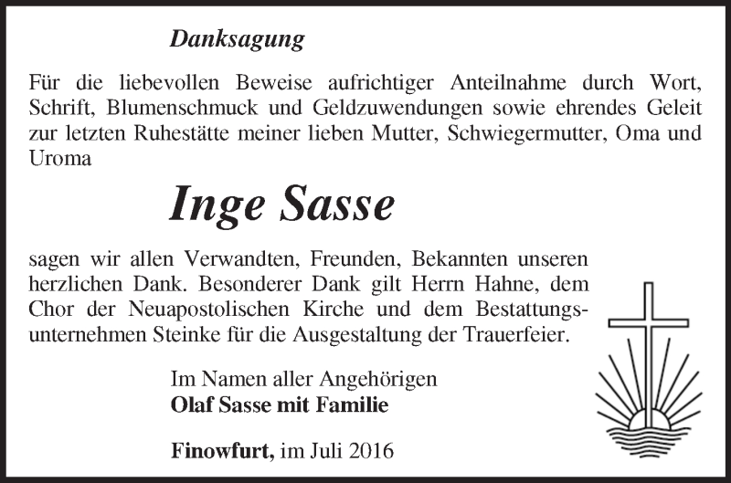 Traueranzeigen von Inge Sasse Märkische Onlinezeitung Trauerportal