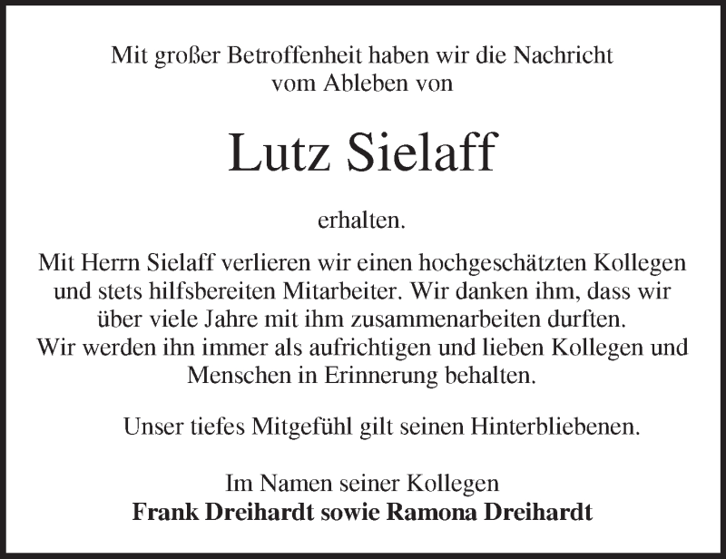  Traueranzeige für Lutz Sielaff vom 18.09.2016 aus Märkische Oderzeitung