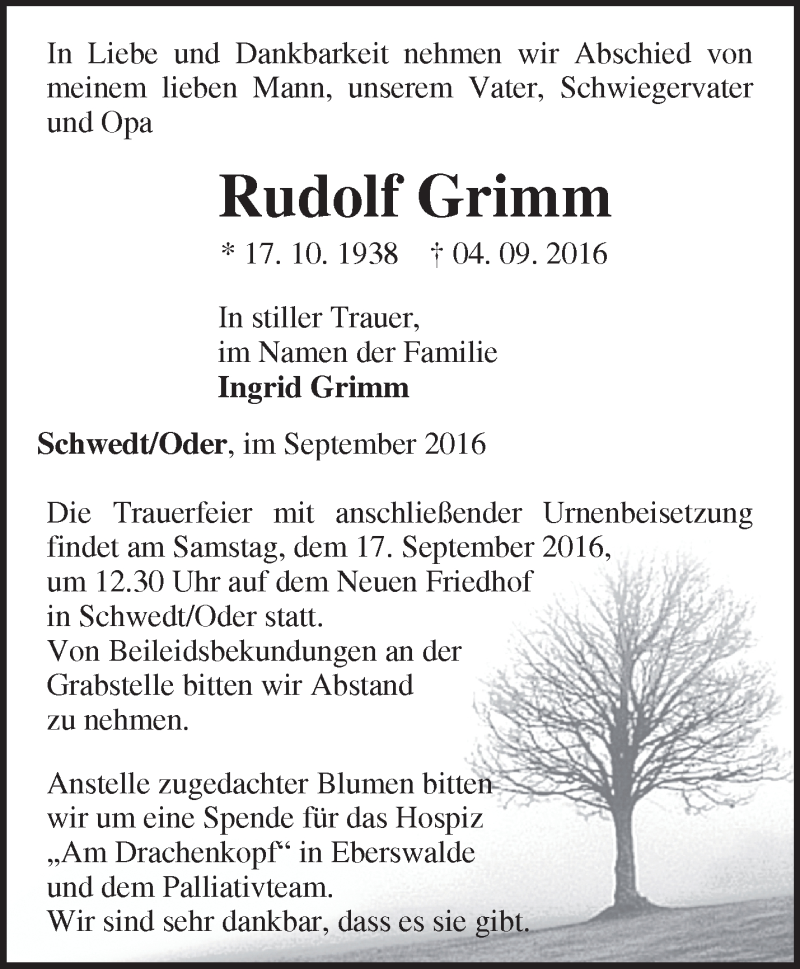 Traueranzeigen von Rudolf Grimm Märkische Onlinezeitung Trauerportal