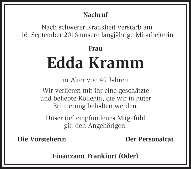  Traueranzeige für Edda Kramm vom 26.09.2016 aus Märkische Oderzeitung