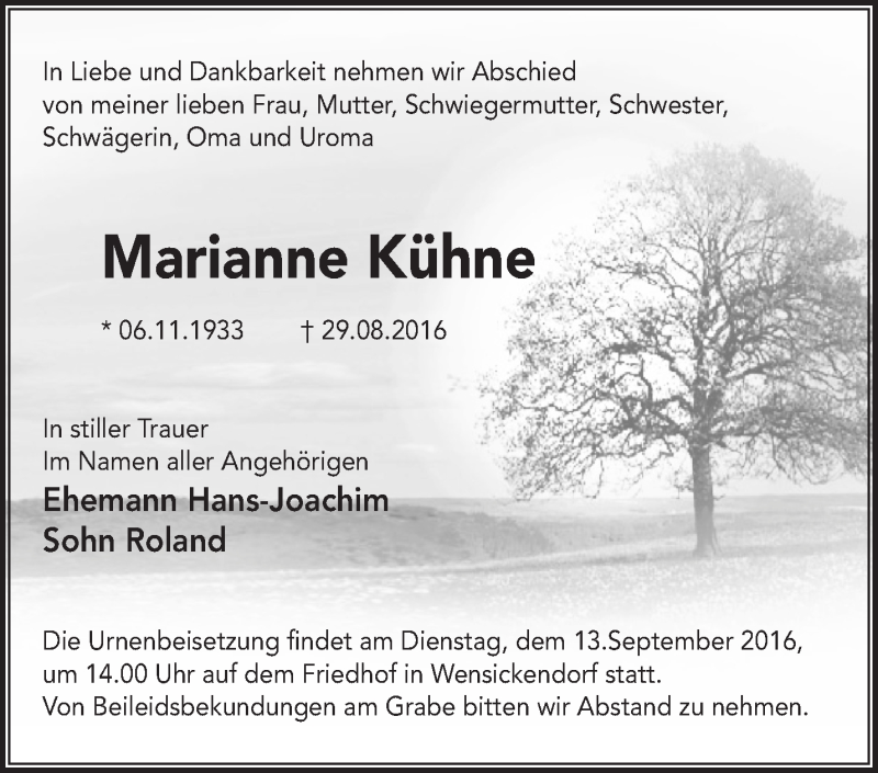 Traueranzeigen von Marianne Kühne Märkische Onlinezeitung Trauerportal