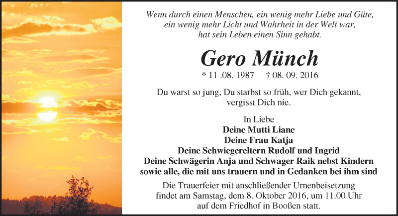  Traueranzeige für Gero Münch vom 24.09.2016 aus Märkische Oderzeitung