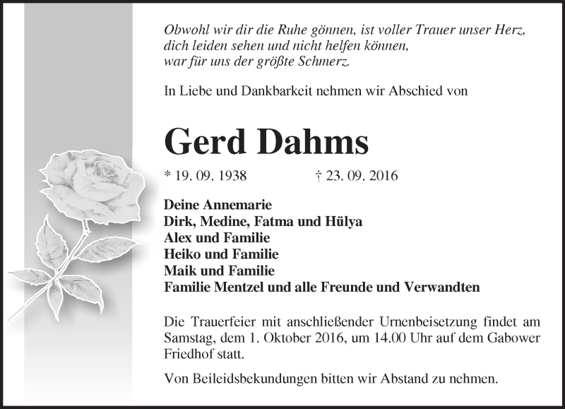  Traueranzeige für Gerd Dahms vom 29.09.2016 aus Märkische Oderzeitung