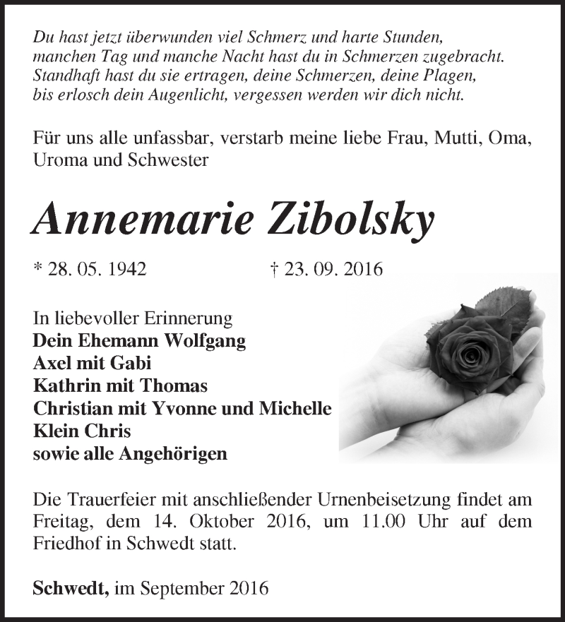  Traueranzeige für Annemarie Zibolsky vom 28.09.2016 aus Märkische Oderzeitung