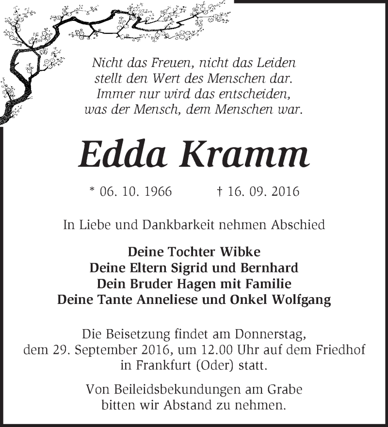  Traueranzeige für Edda Kramm vom 24.09.2016 aus Märkische Oderzeitung