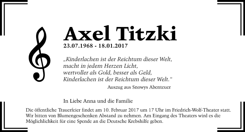  Traueranzeige für Axel Titzki vom 21.01.2017 aus Märkische Oderzeitung