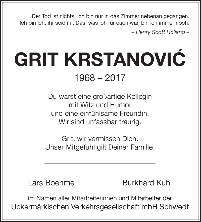  Traueranzeige für Grit Krstanovic vom 22.01.2017 aus Märkische Oderzeitung
