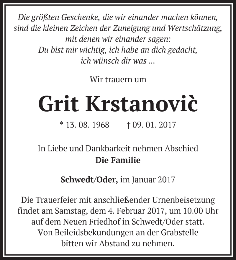  Traueranzeige für Grit Krstanovic vom 17.01.2017 aus Märkische Oderzeitung