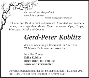 Traueranzeigen von Gerd Peter Koblitz Märkische Onlinezeitung