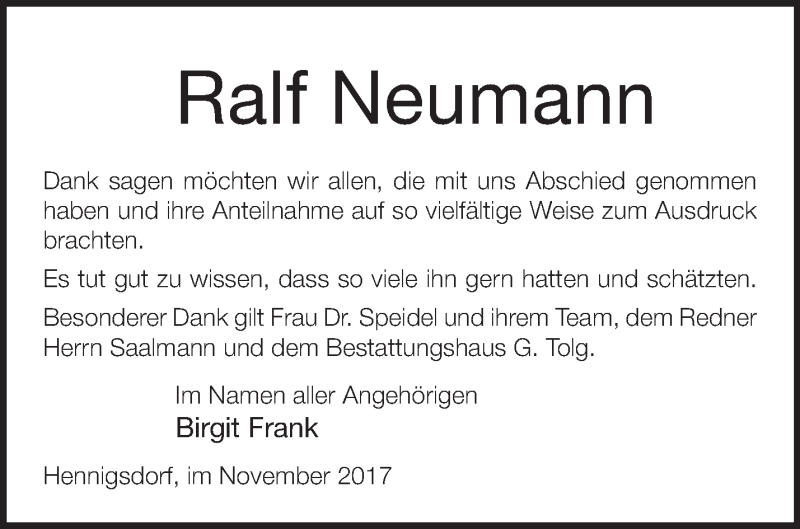 Traueranzeigen Von Ralf Neumann M Rkische Onlinezeitung Trauerportal