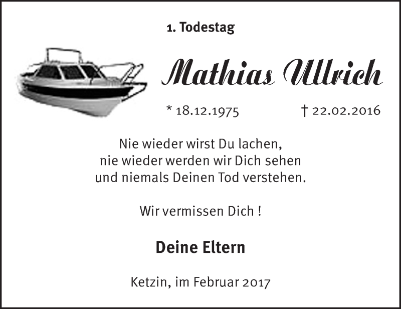  Traueranzeige für Mathias Ullrich vom 26.02.2017 aus Märkische Oderzeitung