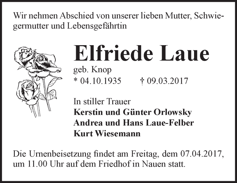  Traueranzeige für Elfriede Laue vom 19.03.2017 aus Märkische Oderzeitung