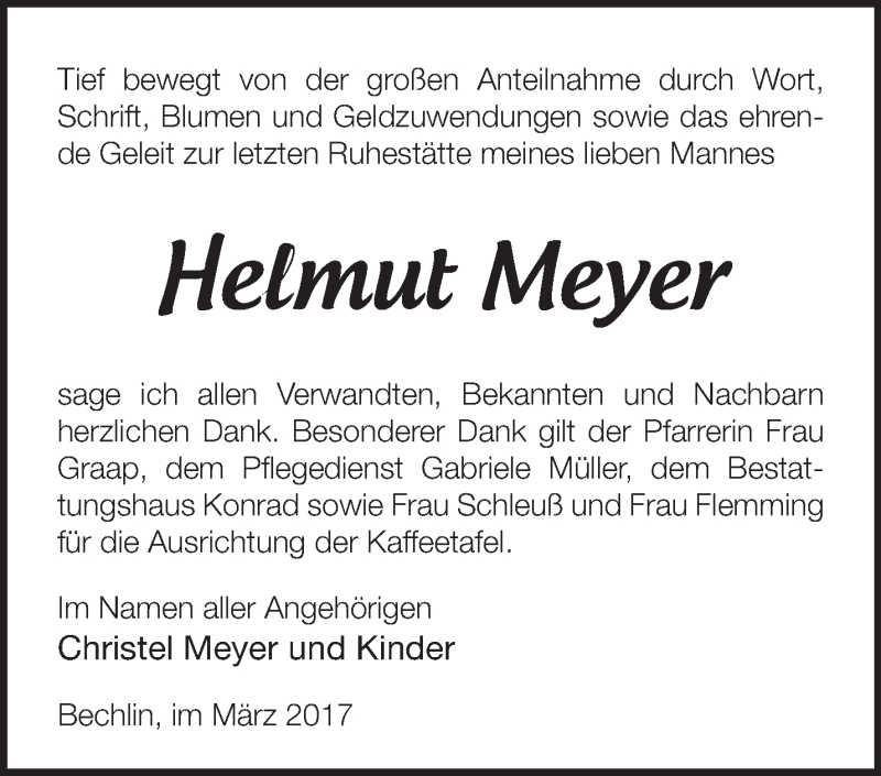 Traueranzeigen von Helmut Meyer Märkische Onlinezeitung Trauerportal