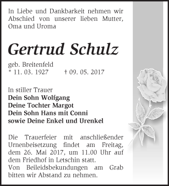 Traueranzeige von Gertrud Schulz von Märkische Oderzeitung