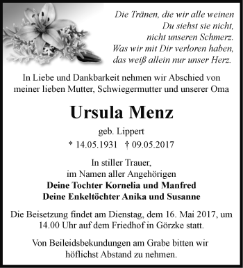 Traueranzeige von Ursula Menz von Märkische Oderzeitung