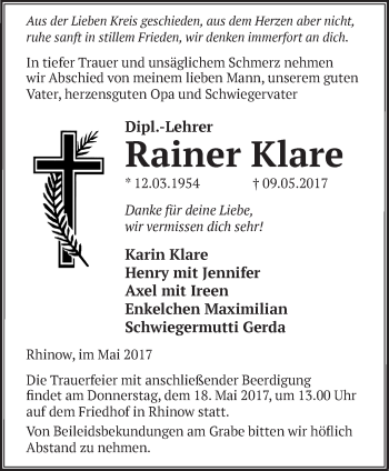 Traueranzeige von Rainer Klare von Märkische Oderzeitung