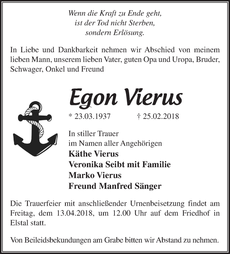 Traueranzeigen von Egon Vierus Märkische Onlinezeitung Trauerportal