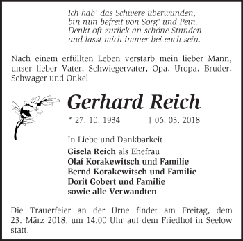 Traueranzeigen von Gerhard Reich Märkische Onlinezeitung Trauerportal