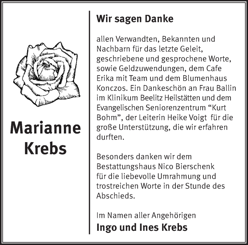 Traueranzeigen von Marianne Krebs Märkische Onlinezeitung Trauerportal