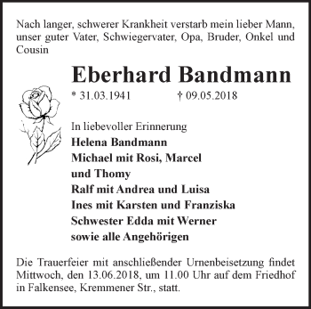 Traueranzeige von Eberhard Bandmann von Märkische Oderzeitung
