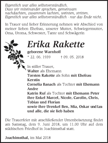 Traueranzeige von Erika Rakette von Märkische Oderzeitung