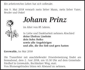 Traueranzeige von Johann Prinz von Märkische Oderzeitung
