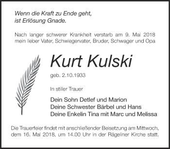 Traueranzeige von Kurt Kulski von Märkische Oderzeitung