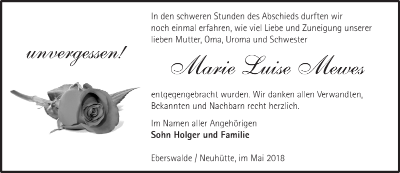 Traueranzeigen von Marie Luise Mewes Märkische Onlinezeitung Trauerportal