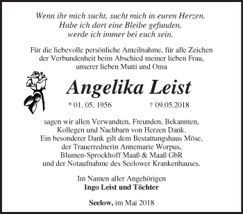 Traueranzeige von Angelika Leist von Märkische Oderzeitung