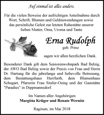 Traueranzeige von Erna Rudolph von Märkische Oderzeitung
