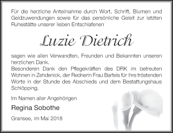 Traueranzeige von Luzie Dietrich von Märkische Oderzeitung