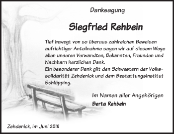 Traueranzeige von Siegfried Rehbein von Märkische Oderzeitung