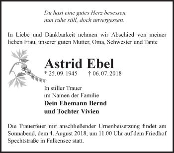 Traueranzeigen von Astrid Ebel Märkische Onlinezeitung Trauerportal