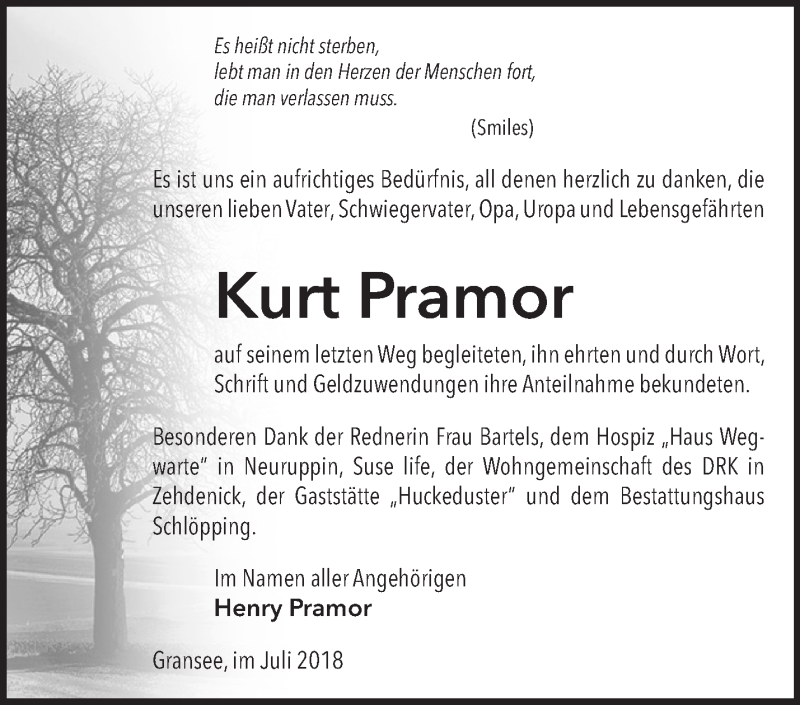 Traueranzeigen von Kurt Pramor Märkische Onlinezeitung Trauerportal