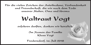 Traueranzeige von Waltraut Vogt von Märkische Oderzeitung