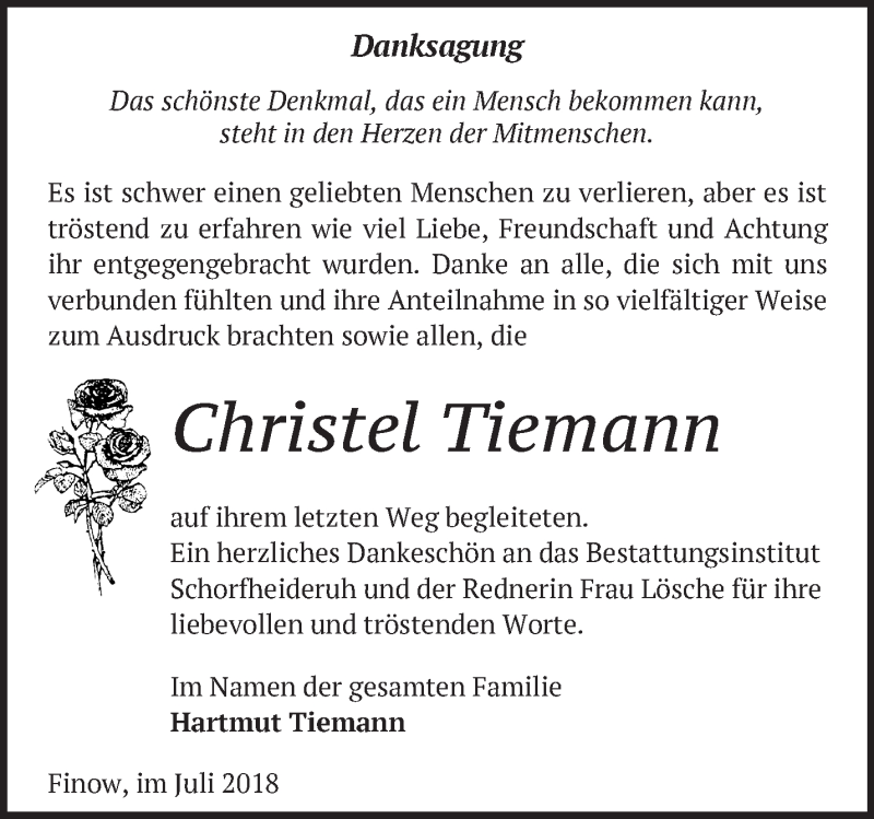 Traueranzeigen Von Christel Tiemann M Rkische Onlinezeitung Trauerportal