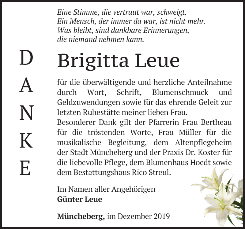 Traueranzeigen Von Brigitta Leue M Rkische Onlinezeitung Trauerportal