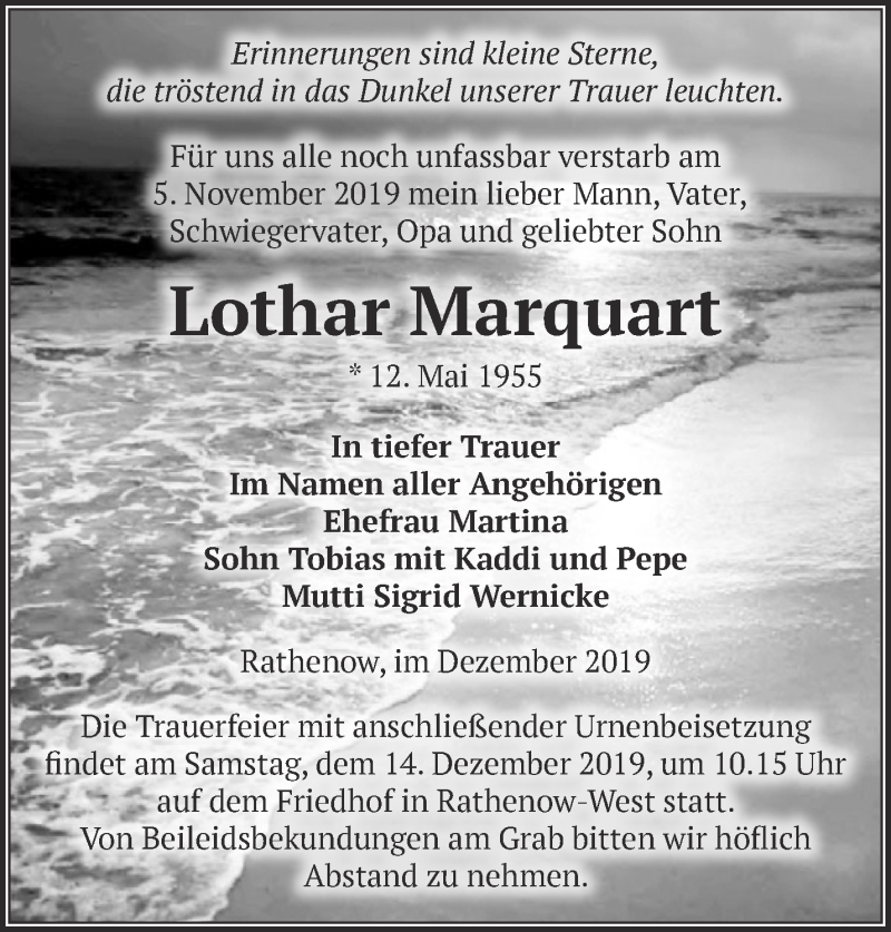 Traueranzeigen von Lothar Marquart Märkische Onlinezeitung Trauerportal