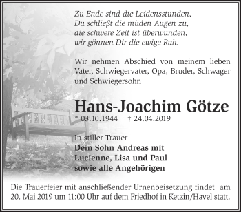 Traueranzeigen von Hans Joachim Götze Märkische Onlinezeitung