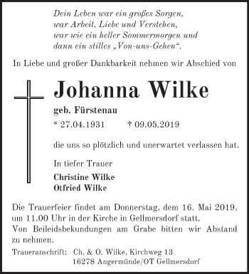Traueranzeige von Johanna Wilke von Märkische Oderzeitung