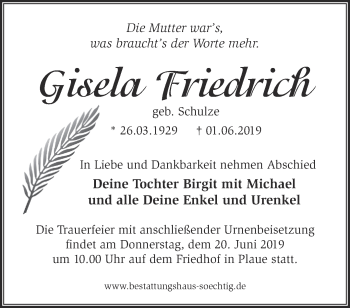 Traueranzeige von Gisela Triedricif von Märkische Oderzeitung