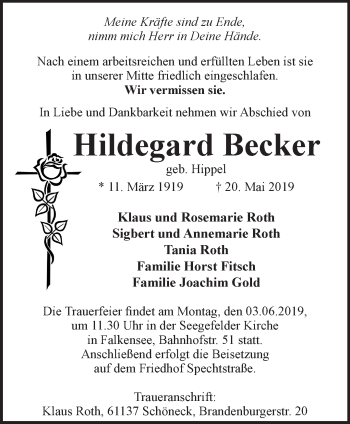 Traueranzeige von Hildegard Becker von Märkische Oderzeitung