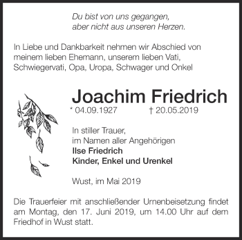 Traueranzeige von Joachim Friedrich von Märkische Oderzeitung