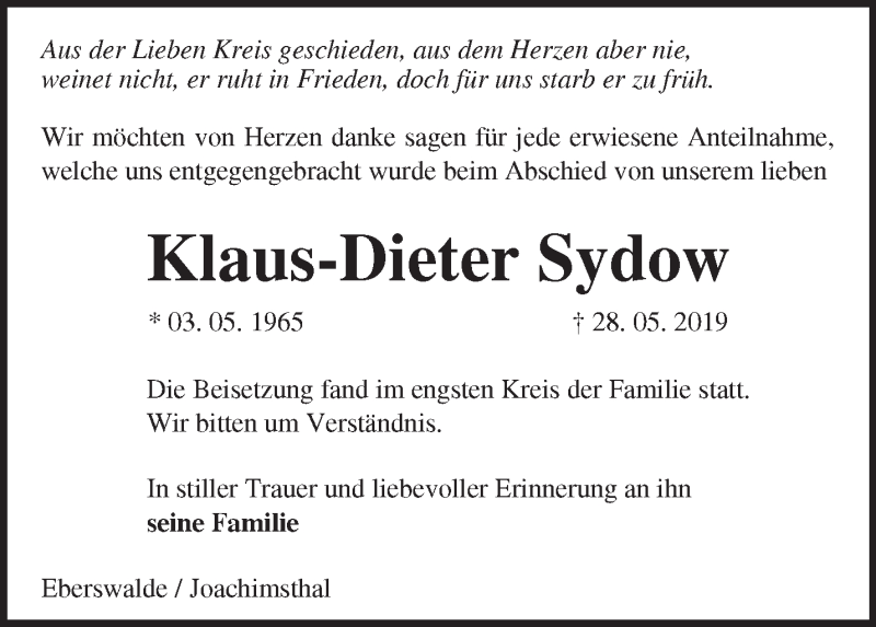 Traueranzeigen von Klaus Dieter Sydow Märkische Onlinezeitung