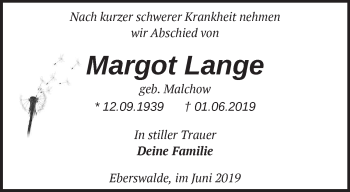 Traueranzeige von Margot Lange von Märkische Oderzeitung
