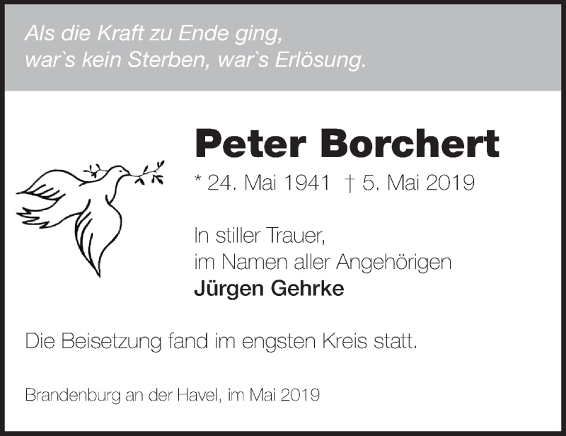 Traueranzeigen von Peter Borchert Märkische Onlinezeitung Trauerportal