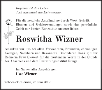 Traueranzeige von Roswitha Wizner von Märkische Oderzeitung